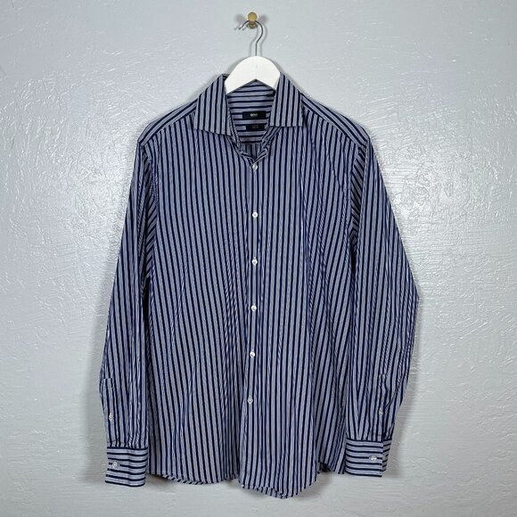 Hugo Boss Other - Hugo Boss Men 43 17 Navy Blue White Stripe Shirt Slim Fit Two Ply Spread Collar